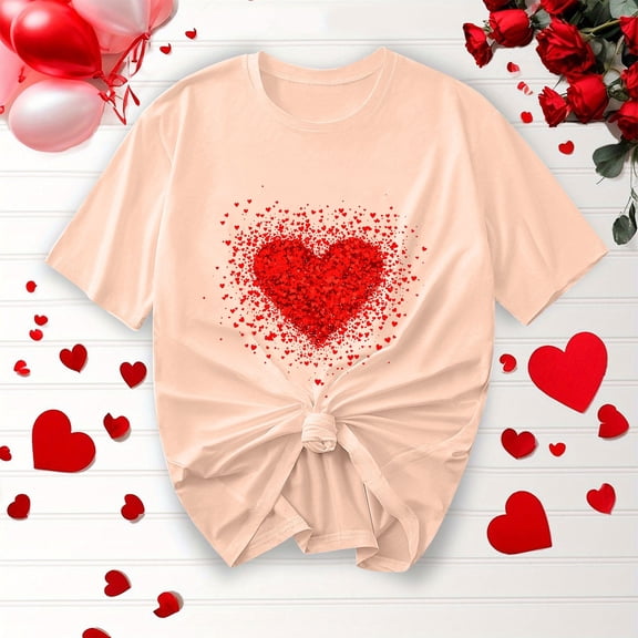 Purcolt Valentines Day Shirts for Women Funny Love Heart Print Shirts Casual Round Neck Valentine Tunic Short Sleeve Tops