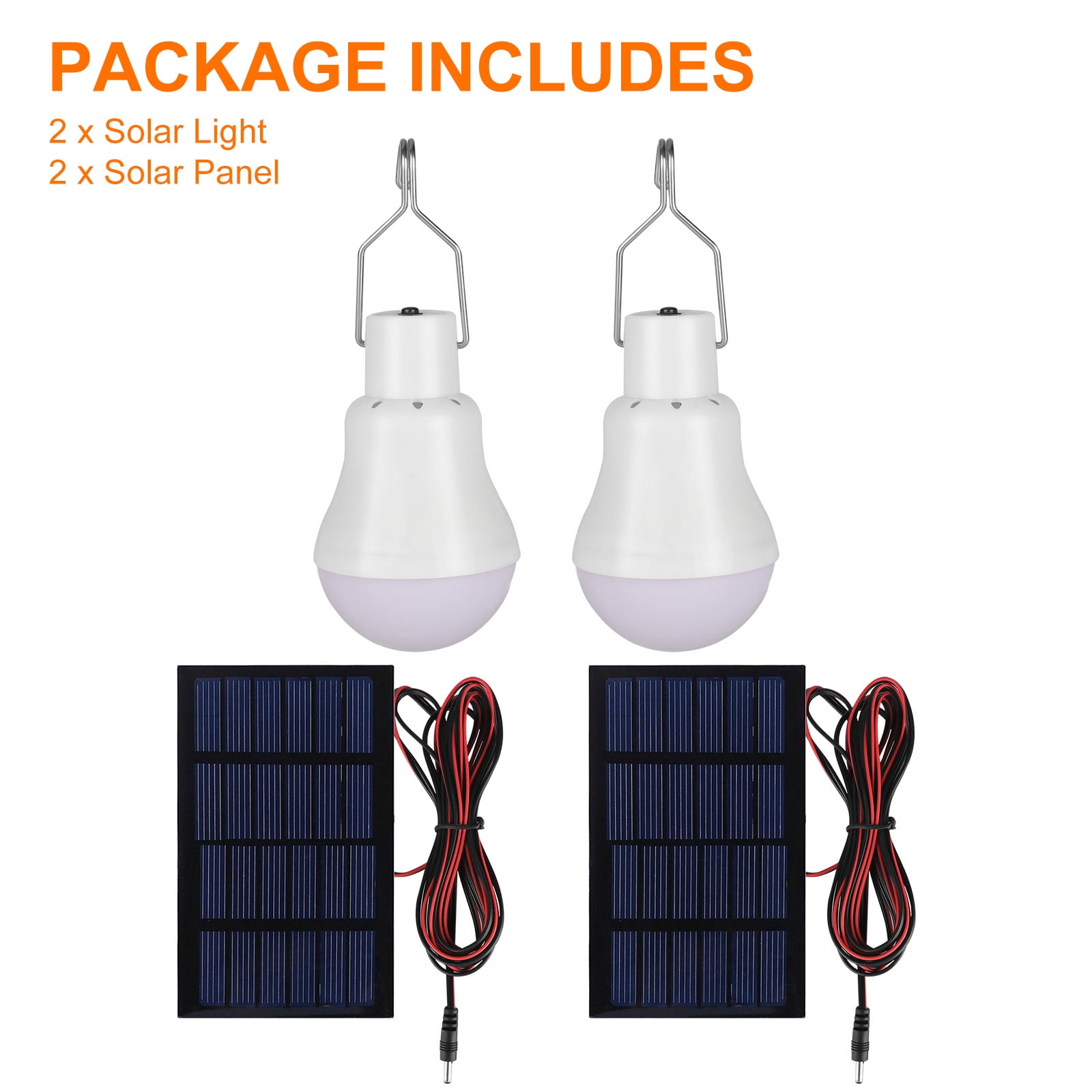 15W Solar Powered LED Rechargeable Bulb Light Outdoor With Hook 480Lumens 2 Pack 