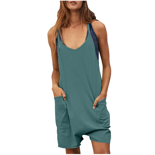 Combinaisons pour Femmes Été Décontracté Confortable Col en V Shorts Combinaisons Pyjamas Bretelles Spaghetti Combinaisons Simples avec Poche