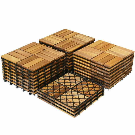 Spaco 27 Pieces Acacia Wood Interlocking Patio Deck Tile, Patio Deck Tiles, 12 x 12 inch Solid Acacia Log Flooring Tiles for Outdoor as Patio, Yard, Natural