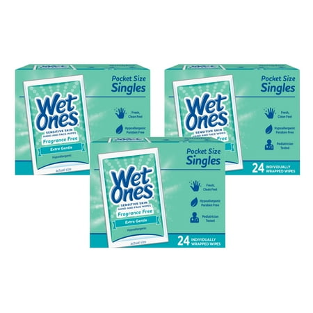 Wet Ones Sensitive Skin Hand Wipes Individually Wrapped Singles - 24 Count (Pack of 3)