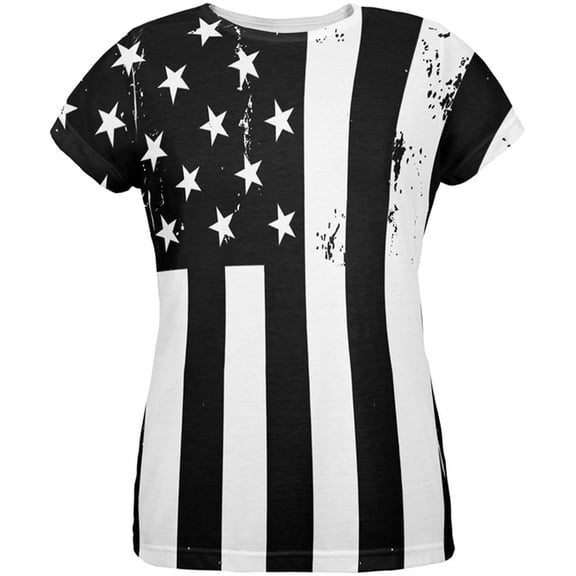 Black and White American Flag All Over Womens T Shirt Multi MD