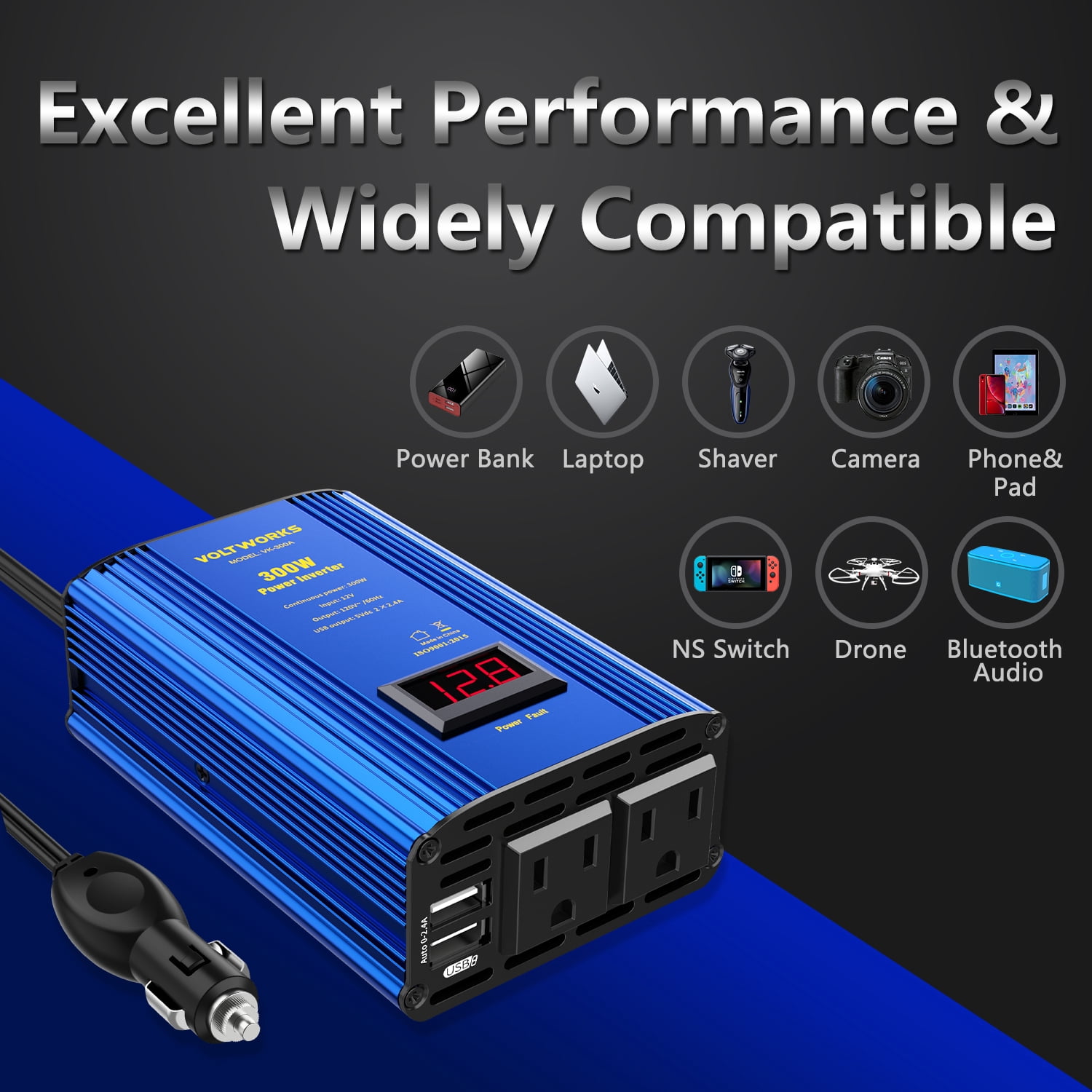 VOLTWORKS 300 Watt Car Power Inverter DC 12V to AC 110V with 4.2A Dual Smart USB Ports Car Adapter