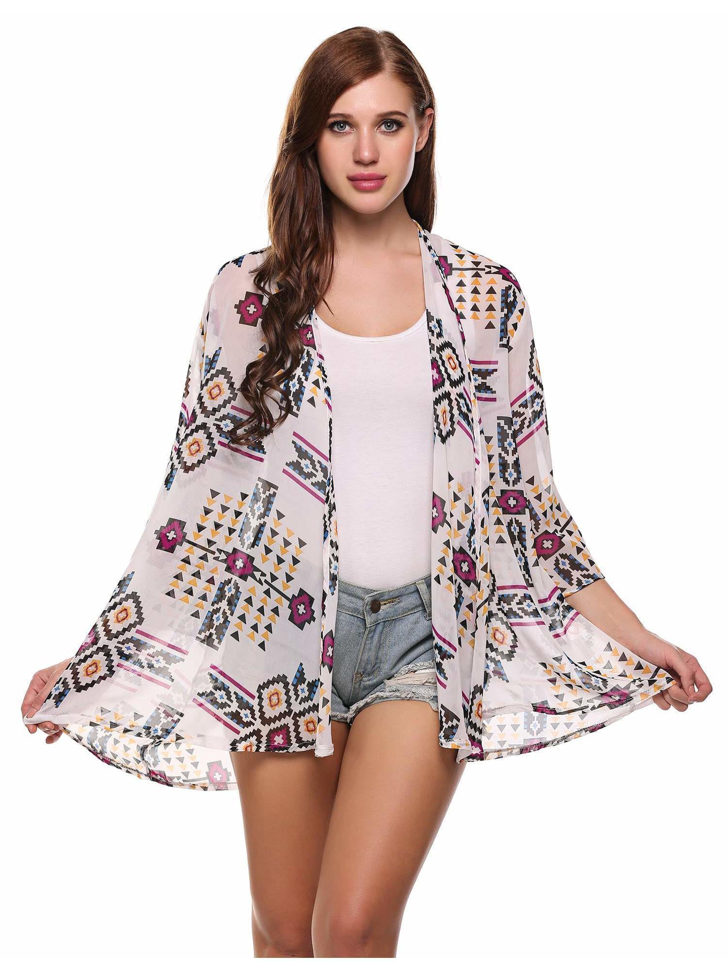 Summer Womens Casual 3/4 Sleeve Loose Print Open Stitch Cover up Beach ...
