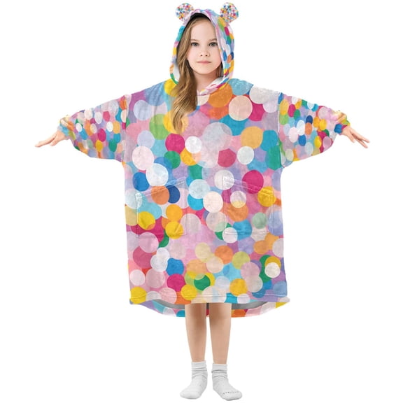 FORMRS Wearable Blanket Hoodie with Sleeves for Kids Cozy Flannel Sweatshirt, Purple Colorful Circles