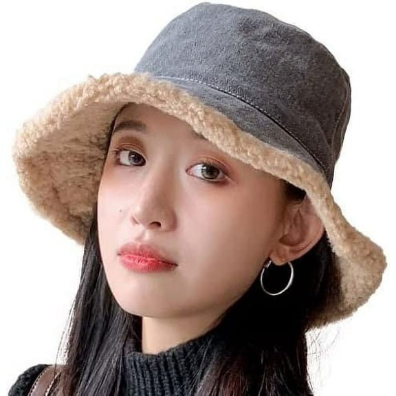 CoCopeaunt Women Cowboy Bucket Hat Casual Fluffy Plush Cozy Fuzzy Lining Girls Students Fisherman Cap