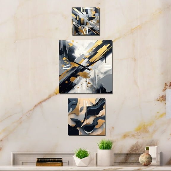 Designart "Abstractions in Gold and Grey III" Abstract Shapes Oversized Wall Clock - Set Of 3 - Multipanel Contemporary Clock For Living Room Décor - Large Vertical Clock