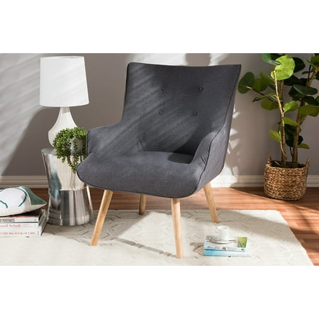 Baxton Studio Alden Mid-Century Modern Dark Grey Fabric Upholstered Natural Finished Wood Lounge Chair