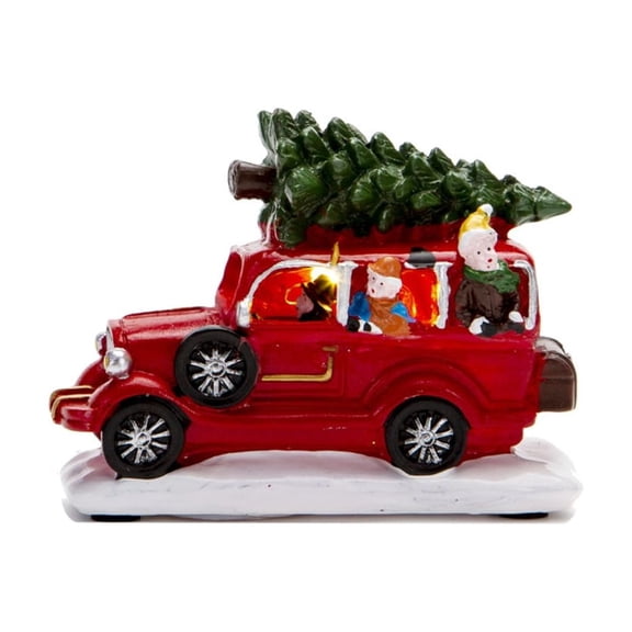 Christmas Red Truck with LED Lights Vintage Resin Car Model Mini Christmas Trees Ornaments Tabletop Decor for Home Party