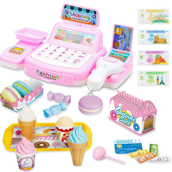 Lindbes JUNWELL Talking Cash Register with Lights & Sounds for Kids 3 & Up Pretend Play Set Comes with Toy Working Scanner  Card Toy Food