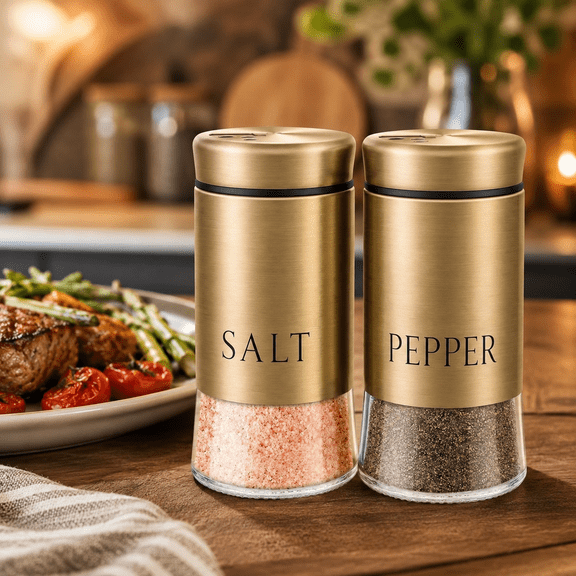 Himonut Gold Salt and Pepper Shakers Set, 5 oz Glass Salt and Pepper Shaker Set, Modern Farmhouse Kitchen Decor and Accessories, Refillable Salt Pepper Shakers for Dining Table, Restaurant and Housew