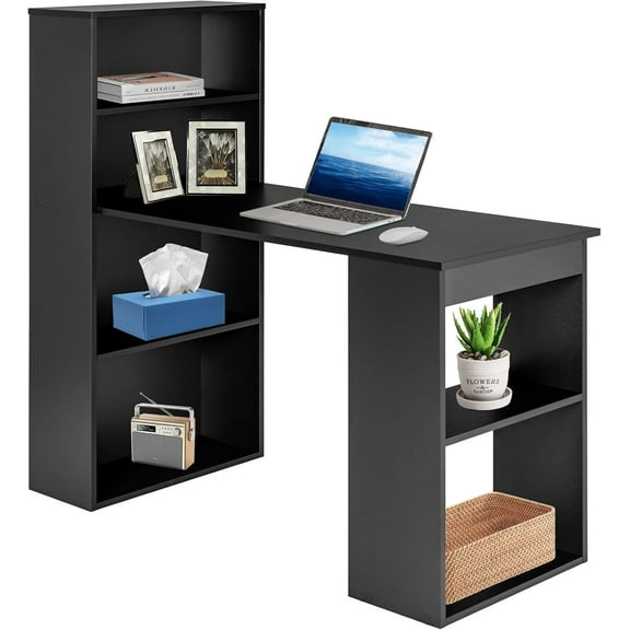 Computer Desk with Bookcase, 48” Modern Writing Table Desk with Storage Shelves and CPU Stand, Reversible Study Workstation for Home Office Bedroom (Black)