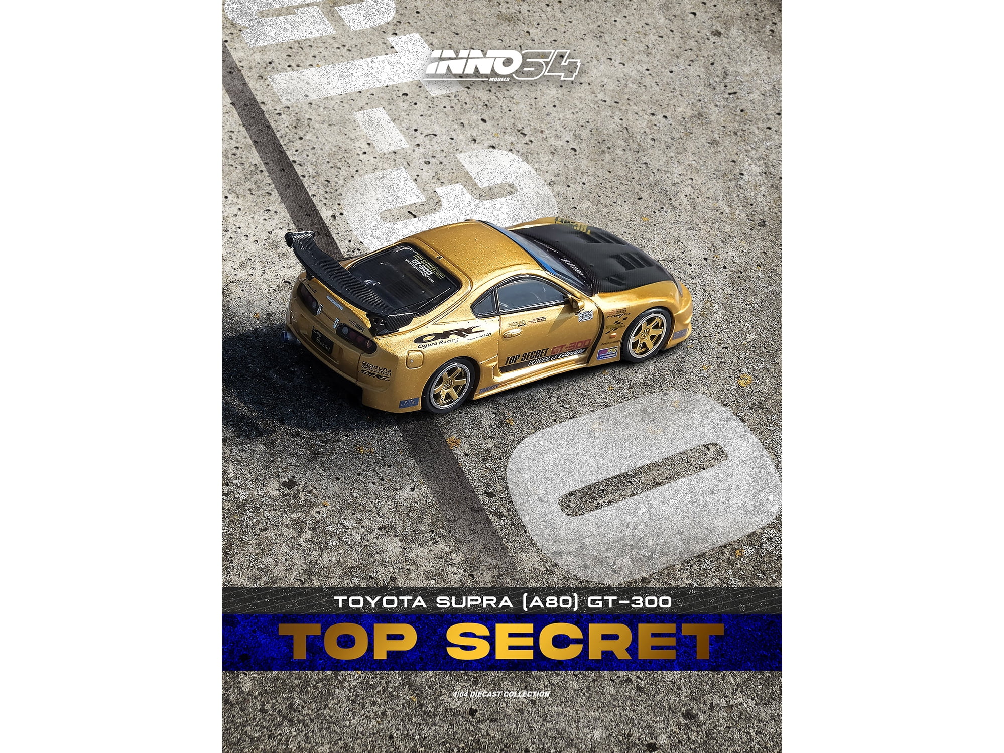 Toyota Supra (A80) "Top Secret" GT300 RHD Gold Metallic with Carbon Hood 1/64 Diecast Model Car by Inno Models