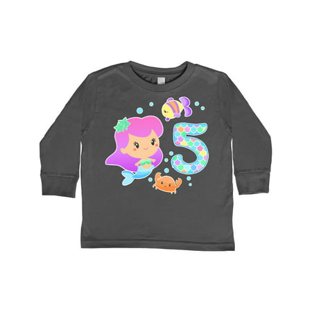 

Inktastic Fifth Birthday Mermaid with fish and crab Gift Toddler Toddler Girl Long Sleeve T-Shirt