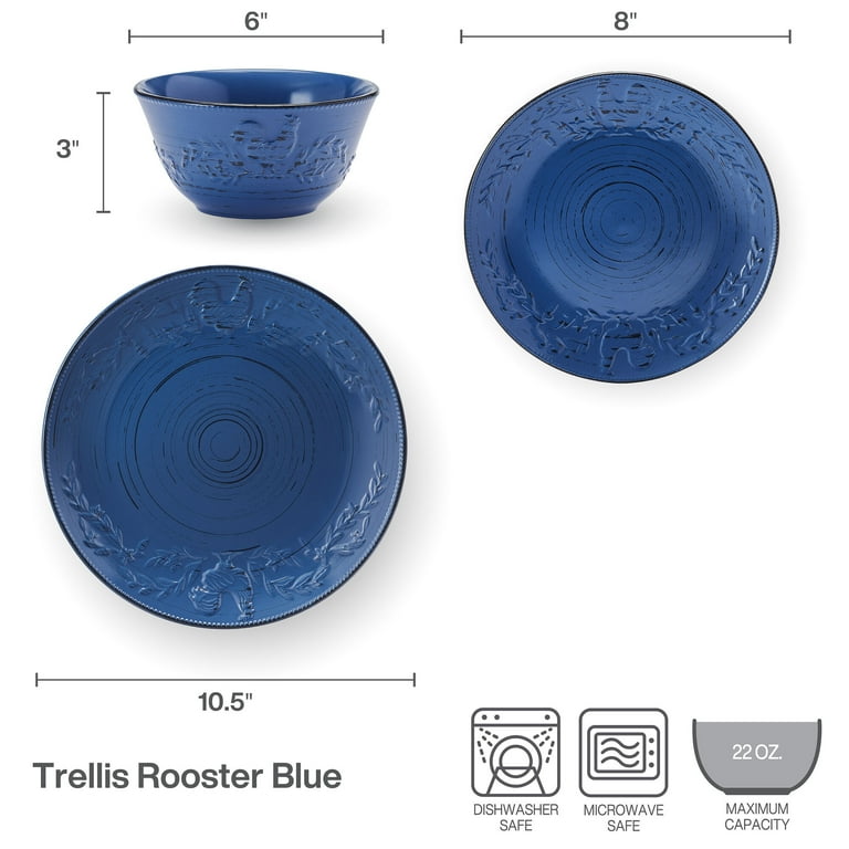 Pfaltzgraff Trellis 12 Piece Stoneware Dinnerware Set Rooster Blue