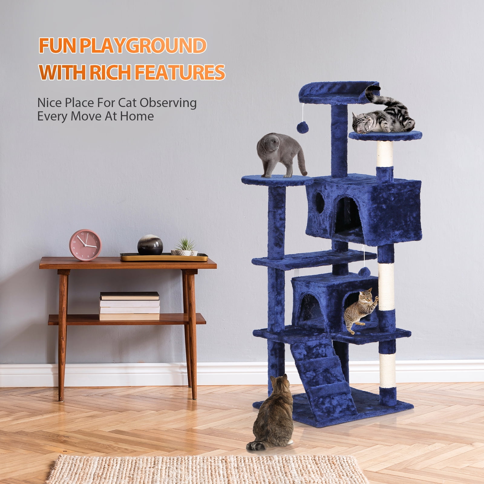 Favory Cat Tower Multi-Level Durable Cat Scratching Post & Cozy Fun Cat Jumping Platform Space Saving Cat Condo Pet Play House for Indoor Cats,55",Blue