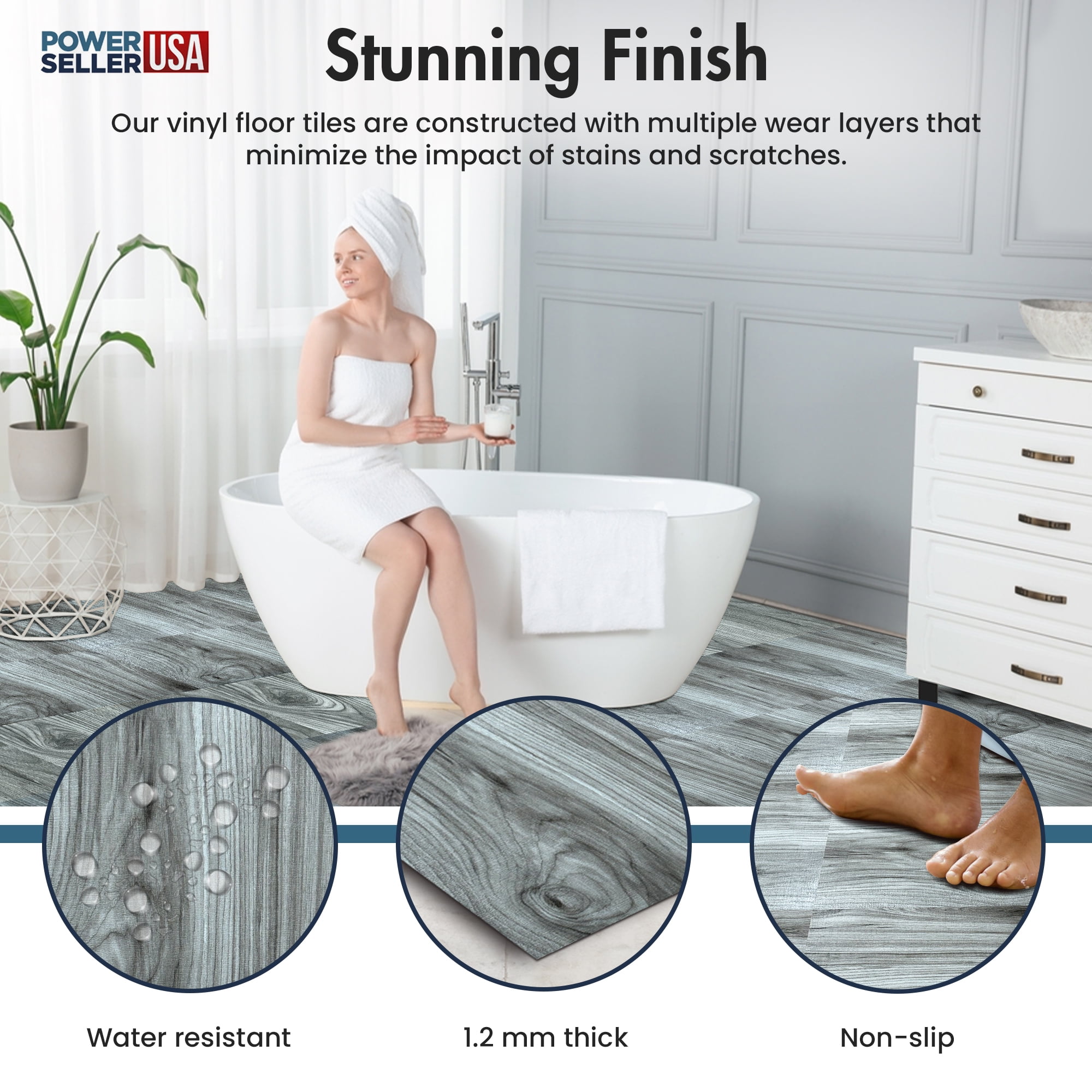 PowerSellerUSA Vinyl Self Adhesive Floor Tiles, 20 Pcs 12 x 12 inches Contemporary Peel and Stick Floor Tile Stickers, Square Flooring Tiles for Kitchen, Bedroom, and Bathroom, Light Silver Oak