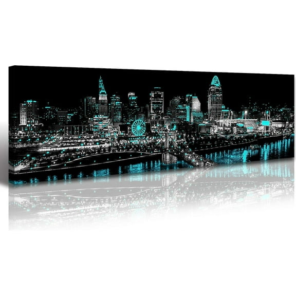 Aaheei Cincinnati City Skyline Wall Art Black and White City Decor Teal Turquoise Panoramic Modern Cityscape Pictures Paintings Canvas Artwork for Bedroom Office Home Decorations Ready to Hang