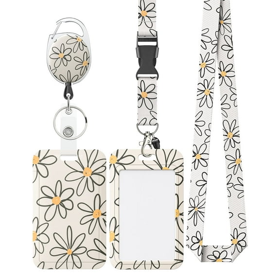 Uniclife Floral Sliding Badge Holder White Flower Plastic Case with Retractable Badge Reel Carabiner Clip and Detachable Lanyard Strap Hard Vertical Card Protector for Women Student