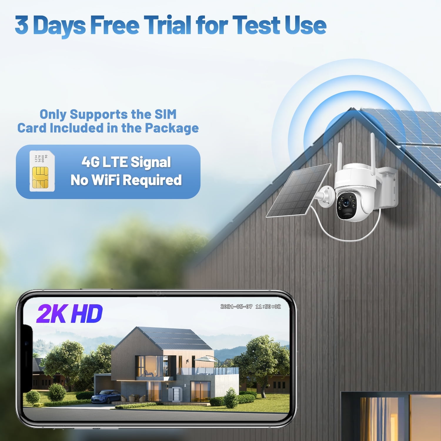 Runofast 4G LTE Cellular Security Camera, Solar Cameras Wireless Outdoor, No WiFi Cam with SIM Card, 2K HD Home Surveillance Camera with PIR Detection, 2-Way Audio