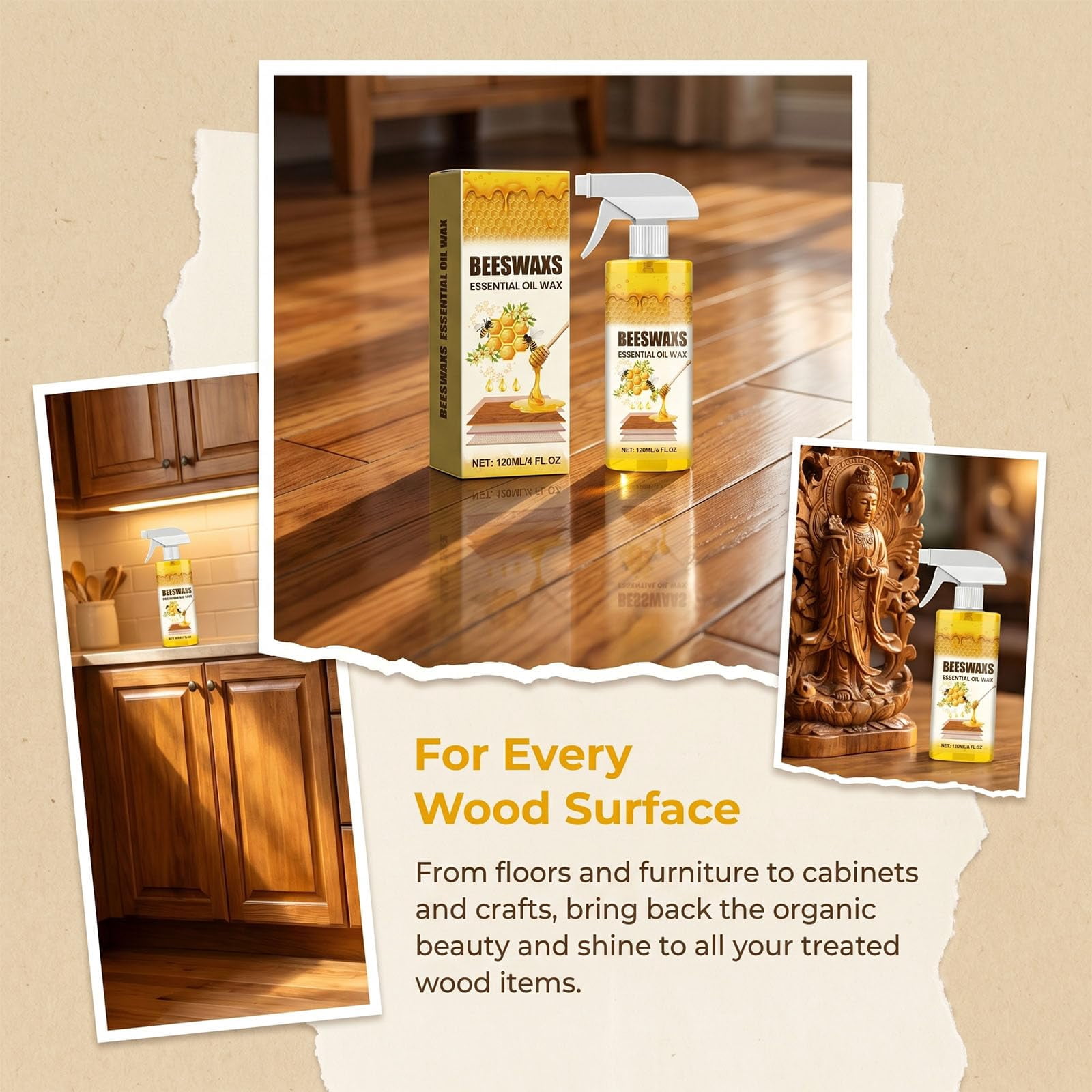 Beeswax Wood Polish, Natural Micro-Molecularized Beeswax Spray, Beeswaxs Essential Oil Wax, Multi-Purpose Furniture Polish, Wood Cleaner Repairing and Care Spray, Restores Shine & Removes Scratches