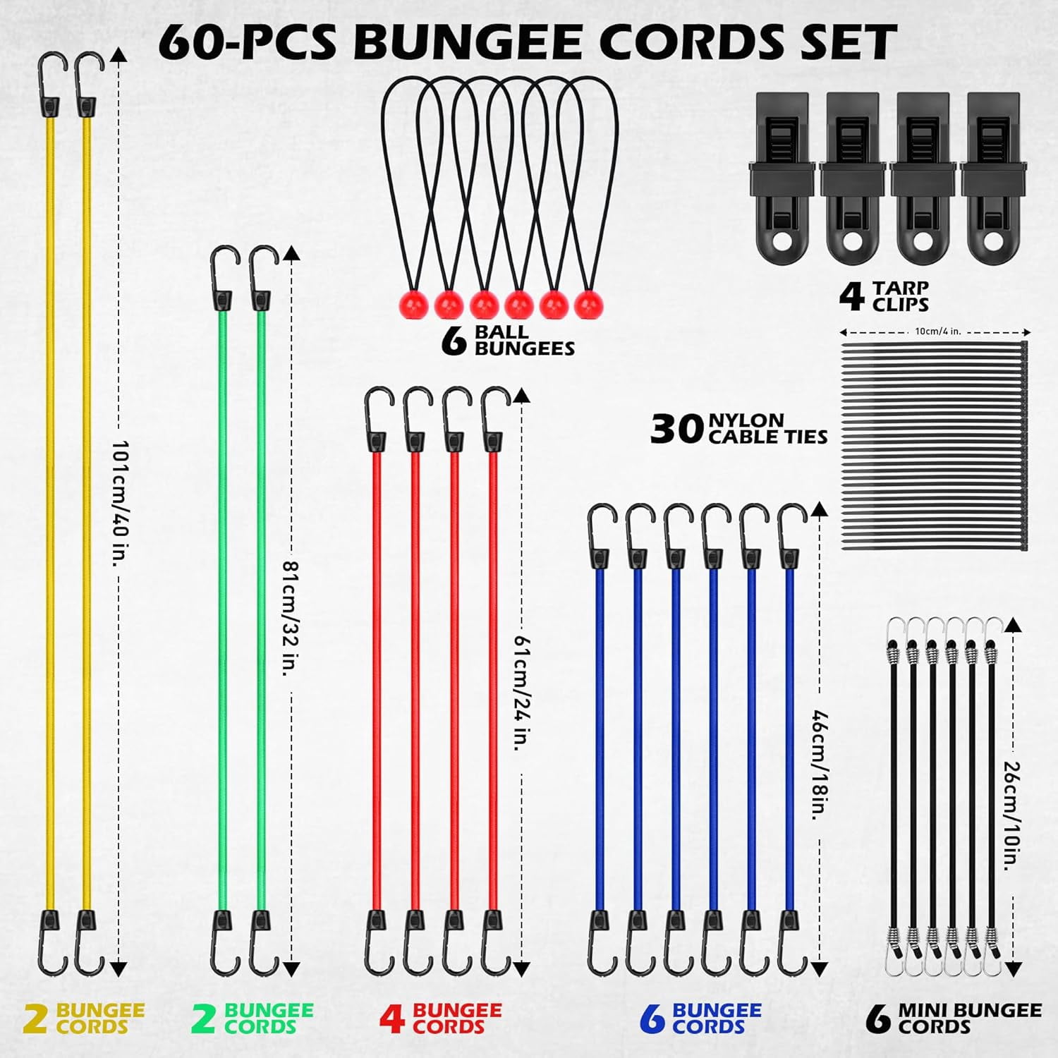 60-Piece Bungee Cords Assorted Sizes - 10" 18" 24" 32" 40" Bungee Cords with Hooks, Heavy Duty Outdoor, Large Medium Small Mini Elastic Canopy Tarp Bungee Ball Ties Tarp Clips Organizer