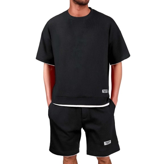 CIENVNSTG Men Short Sets Outfits 2 Piece Tracksuit Short Sleeve T-Shirts And Shorts Pants Casual Comfy Jogging Sweatpants Set Black L