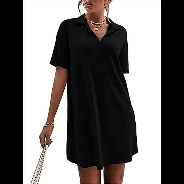 Vestido de Verano para Mujer, Cuello en V, Corta, Holgado, Informal, con Cuello Tipo Camiseta, Color Negro, Talla XL