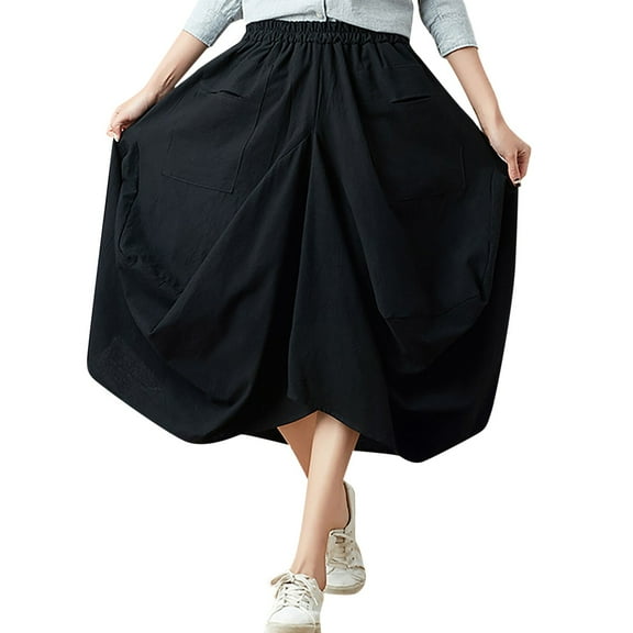 Tfken Women Skirts For Summer Elastic Waist Solid Color Long Skirts Trendy Daily Wear Female Soft Clothes Black