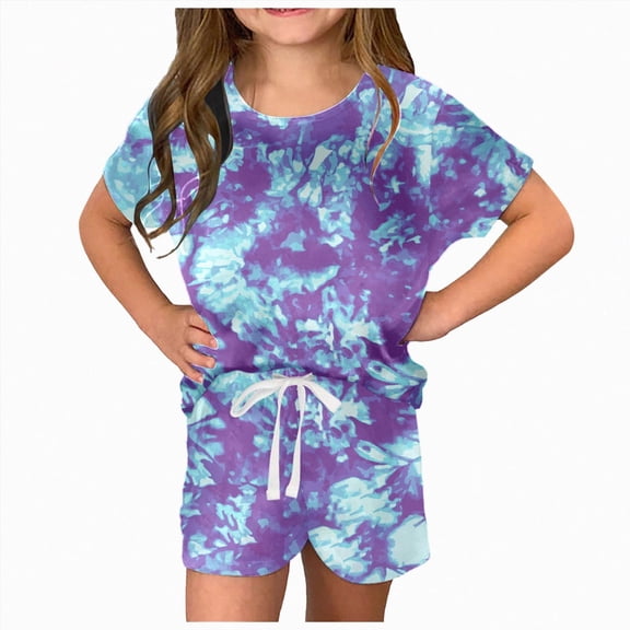 Girls Outfit Sets Short Sleeve Tie-Dye Kids Summer Clotehs Sweat Shirts and Shorts Size 4-16 Kaprioy Baby Clothes for Girls