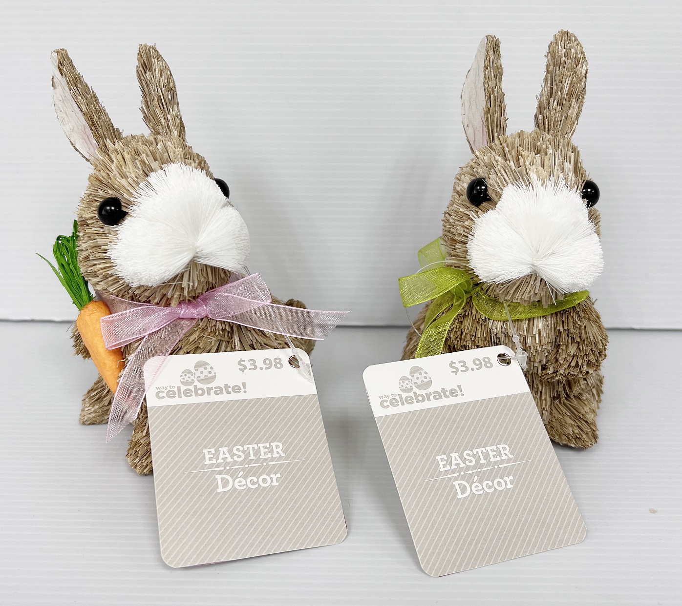 Way To Celebrate Easter 5.5-inch Height Multi-Color Sisal Bunny Tabletop Decor, Green Bow, Pink Bow