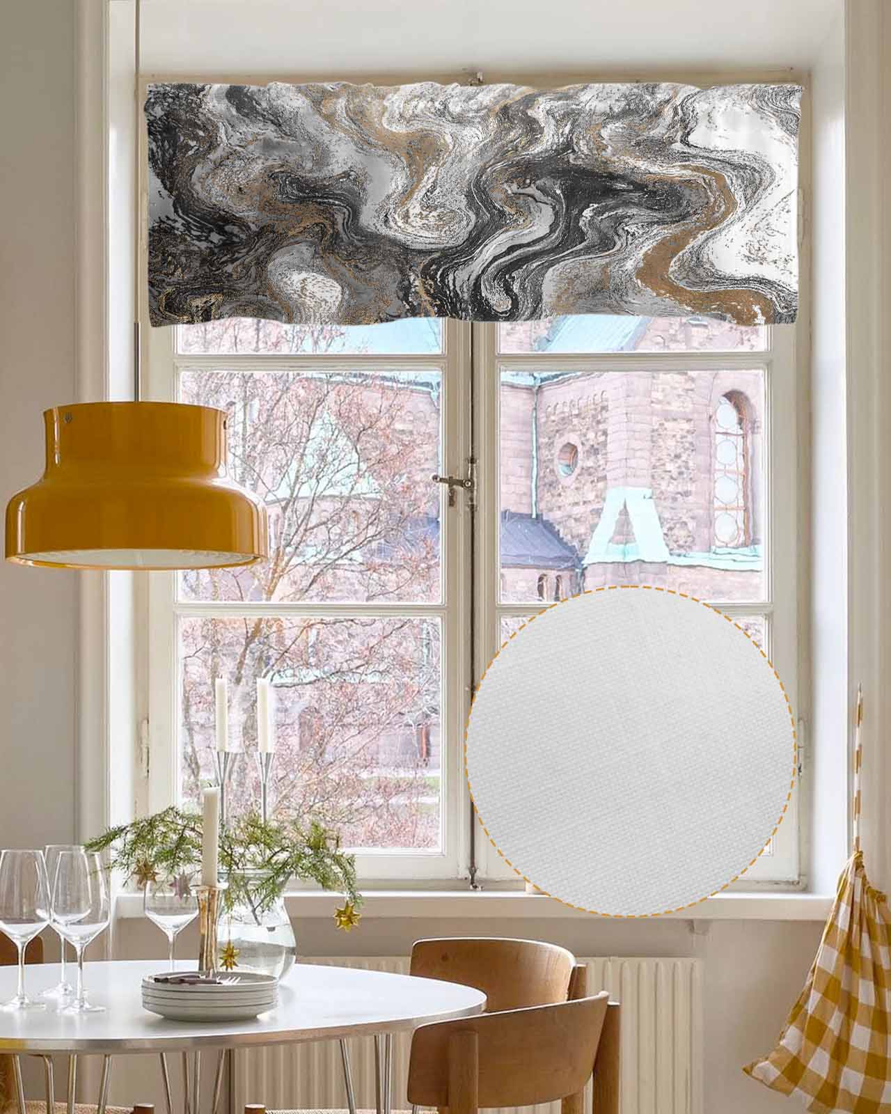 Black Marble Kitchen Valances for Windows Farmhouse Linen Window Valance Curtain for Living Room Window Treatment Retro Chic Abstract Mottled Texture Art Valance Rod Pocket Topper Drape, 42 x 18 Inch