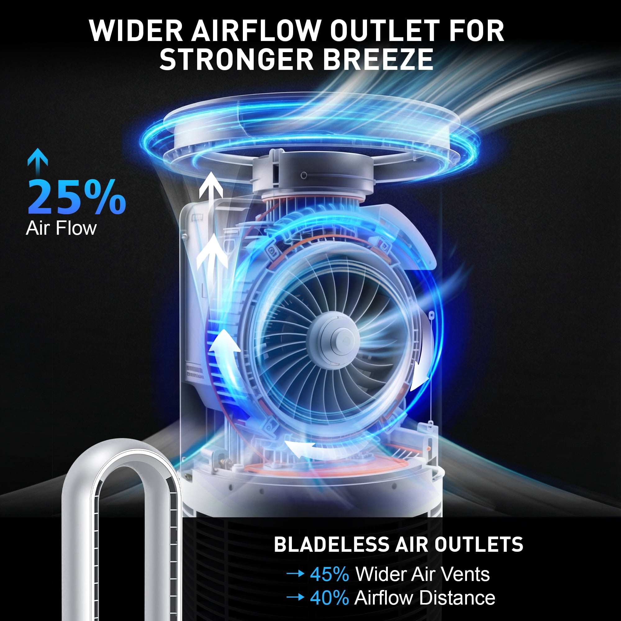 ADVWIN Smart Bladeless Tower Fan, 26ft/s Fast Cooling, 24 Speeds, App Control, 90° Oscillation, Silver
