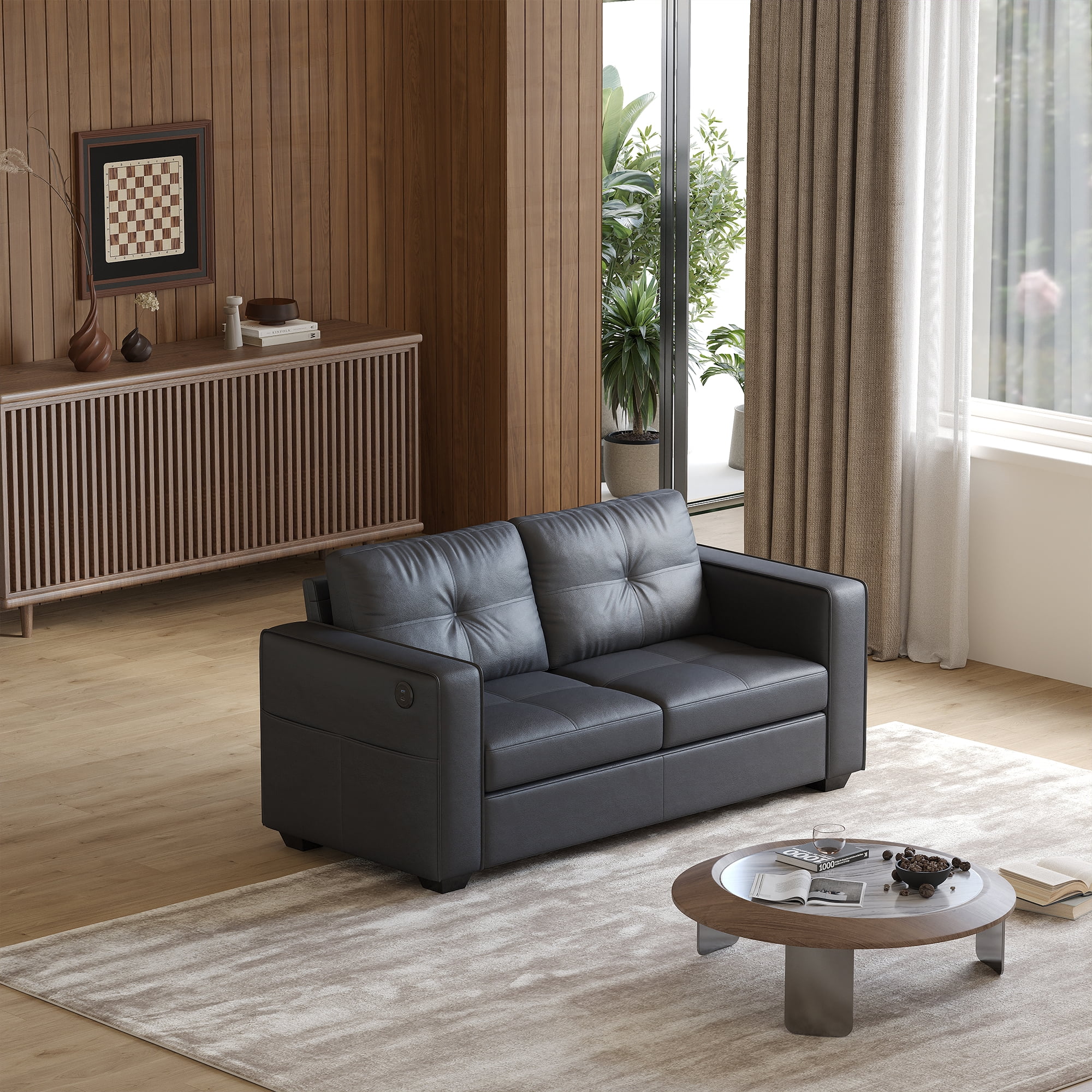 AODAILIHB 65" W Linen Fabric 2-Seat Sofa, Modern Love Seat Couch with 2 USB Charging Ports and Stowage Pocket, Upholstered Arm Sofa For Living Room, Office