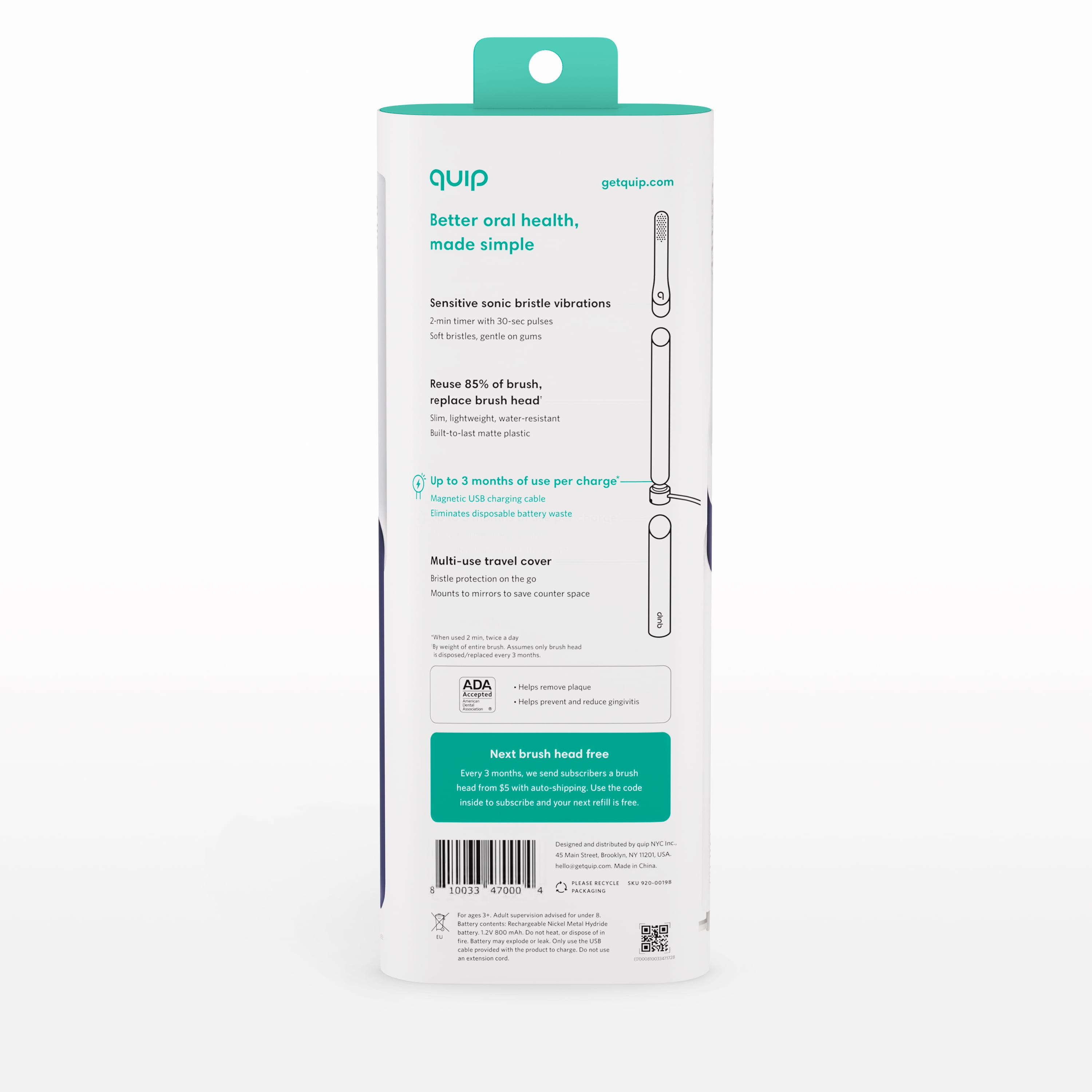 Quip Adult Electric Rechargeable Toothbrush Full Head, Midnight