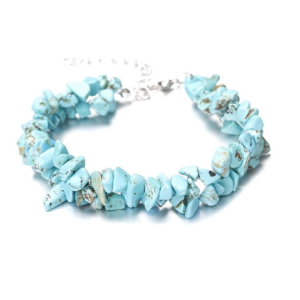 Nvzi Pulsera de cuentas hecha a mano, adecuada, pulsera de cristal de piedra natural de doble capa (azul)