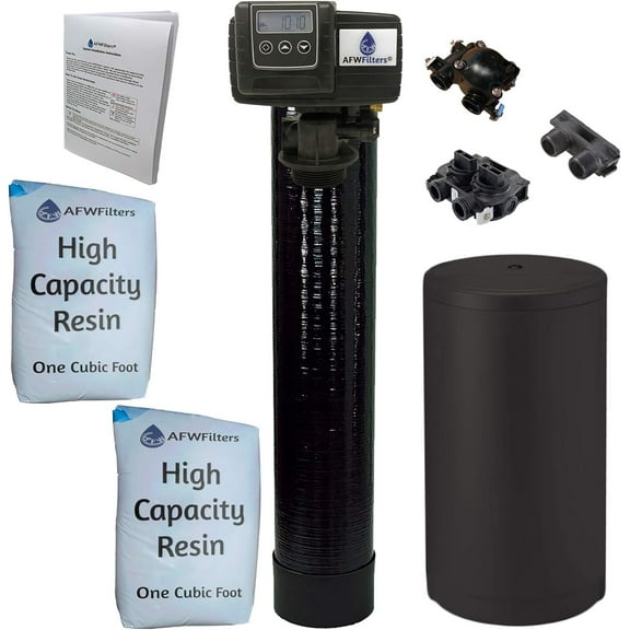 AFWFilters Whole House Water Softener System - Fleck 5600sxt Digital Meter Grain - includes bypass valve & brine tank with safety float 64k 1 Inch Bypass, Black High Capacity Resin