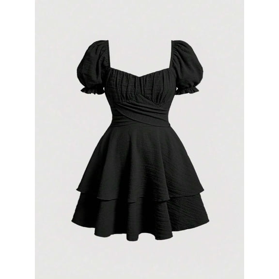 Black Sweetheart Neck Puff Sleeve Tiered Mini Dress For Women