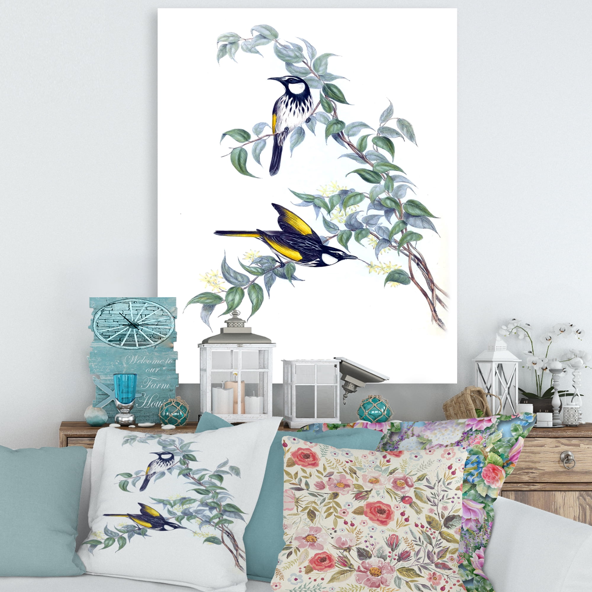 Ancient Australian Birds On A Branch 8 in x 12 in Painting Canvas Art Print, by Designart