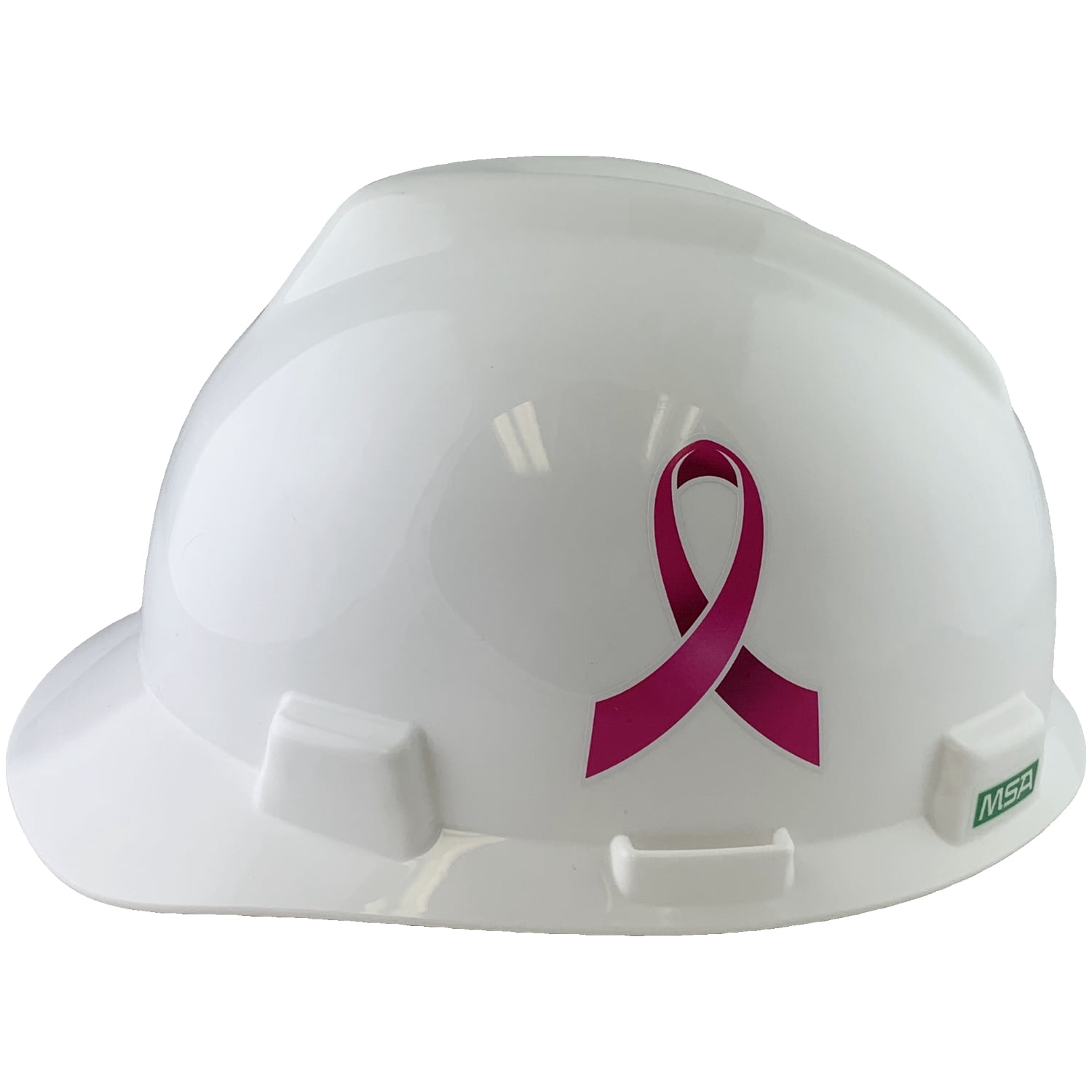 White MSA Cap Style V-Gard Hard Hat with Breast Cancer Awareness Ribbon Decals