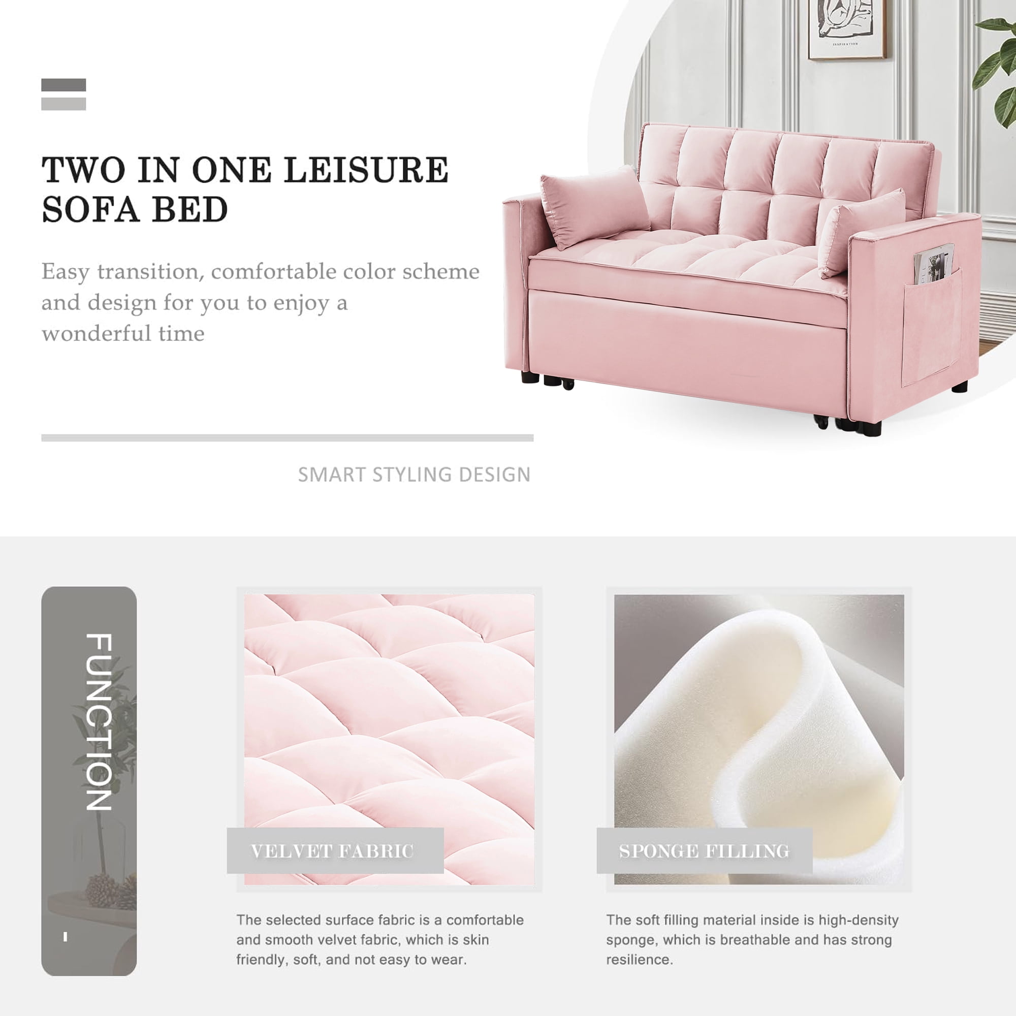 DEALTOPS Convertible Loveseat 55" 3-in-1 Multi-Functional Pull-Out Bed, Pink Velvet