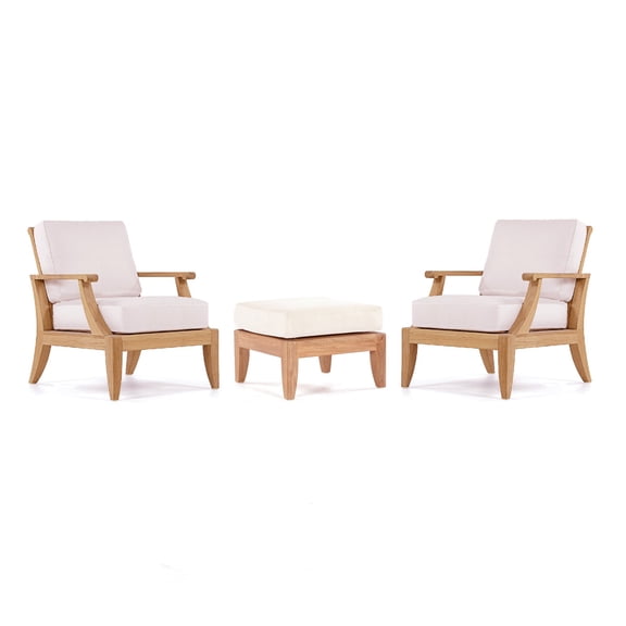 Lagos 3 Pc Lounge Chair Set: 2 Lounge Chairs & Ottoman With Cushions in Sunbrela Fabric #57003 Canvas White