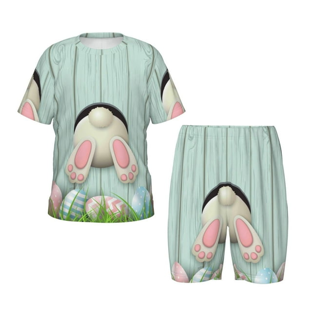 Fotbe White Bunny Bottom And Easter Eggs Pijama Estampada de 2 Piezas para Niños – Ropa de Dormir de Manga Corta Cómoda para Niños y Niñas, Camiseta y Shorts de Algodón-3X-Large