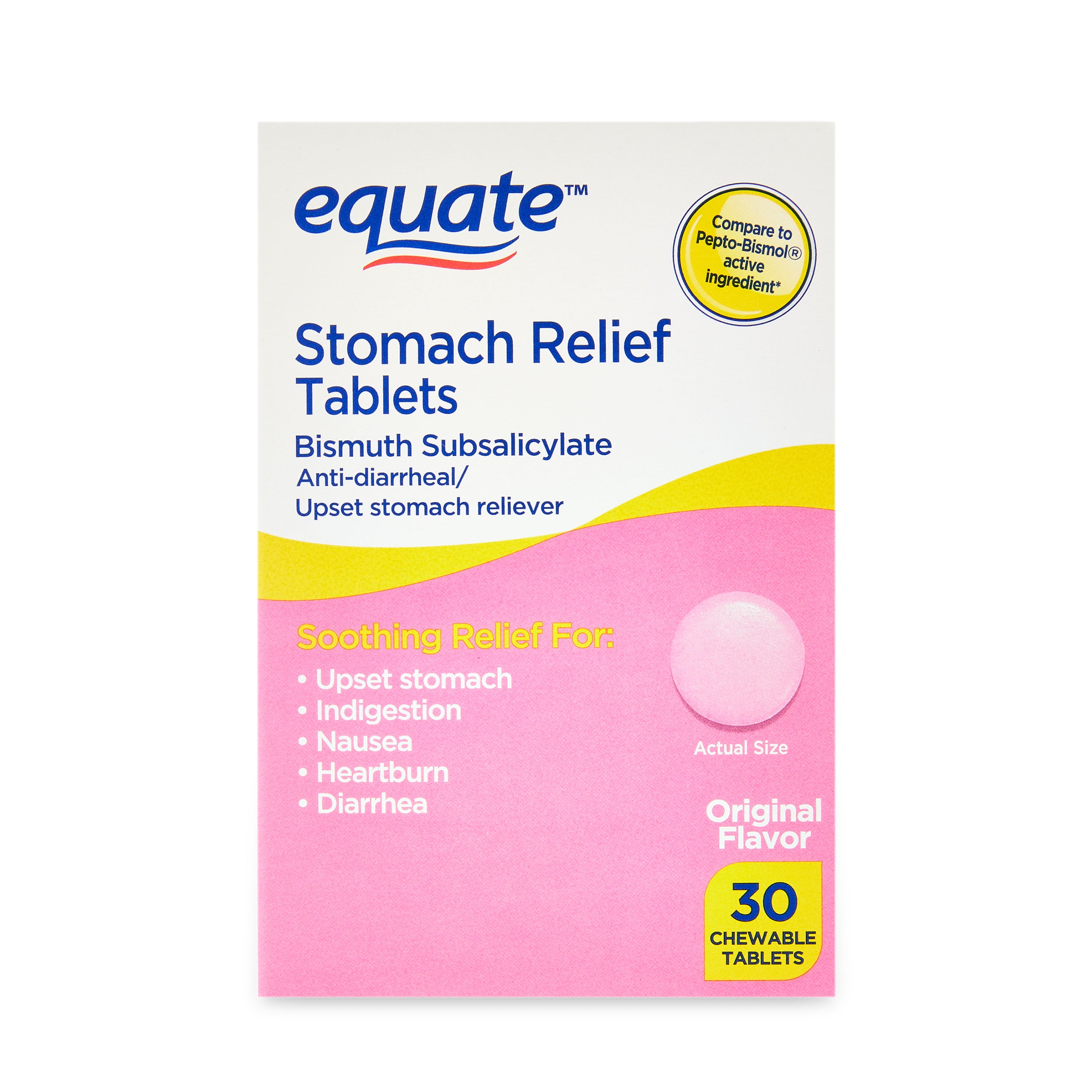 (3 pack) Equate Stomach Relief Chewable Tablets, 262 mg, 30 Count, Compare to Pepto-BismolÂ® Active Ingredient