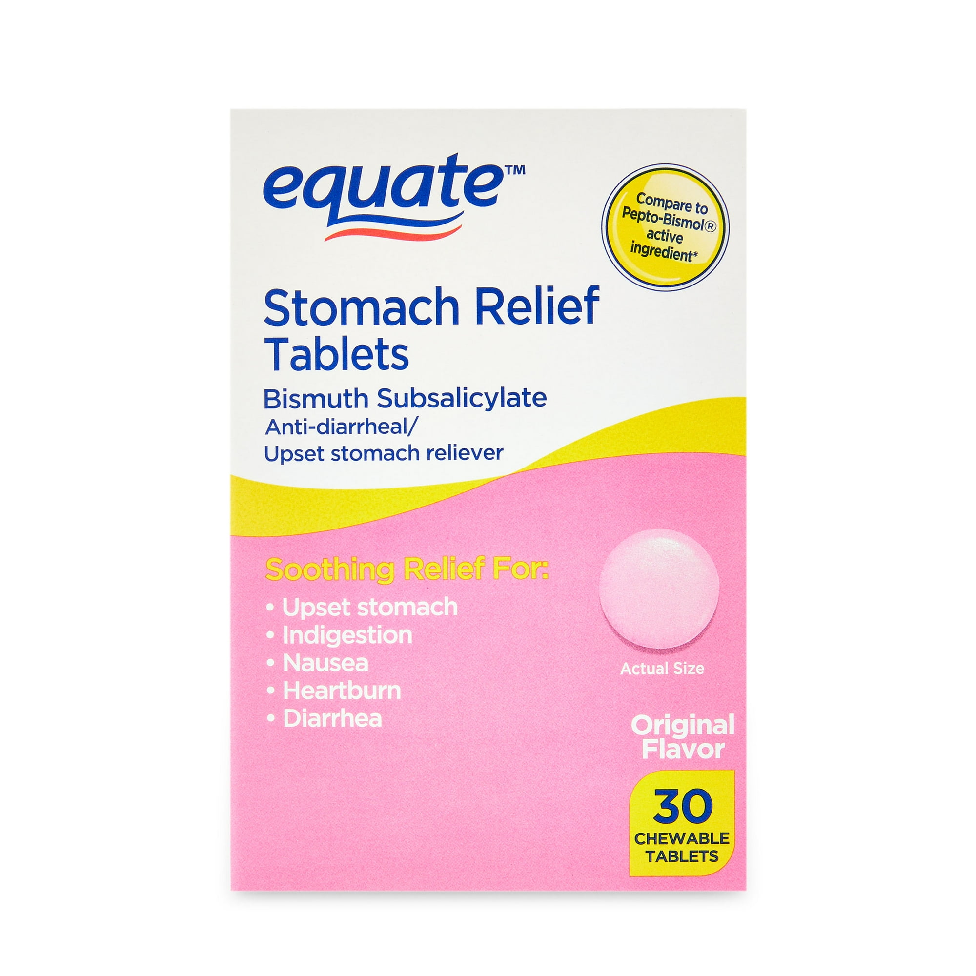 Equate Stomach Relief Chewable Tablets, 262 mg, 30 Count, Compare to Pepto-BismolÂ® Active Ingredient