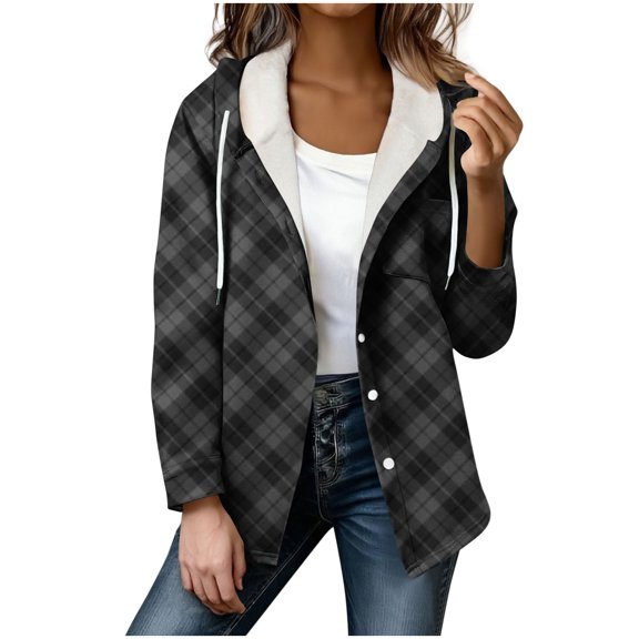 Gamivast Womens Jackets Plaid Lightweight Button up Hooded Coats with Cheats Pockets Trendy Long Sleeve Casual Shacket Jackets Loose Fitted Drawstring Outerwear no Power Bank