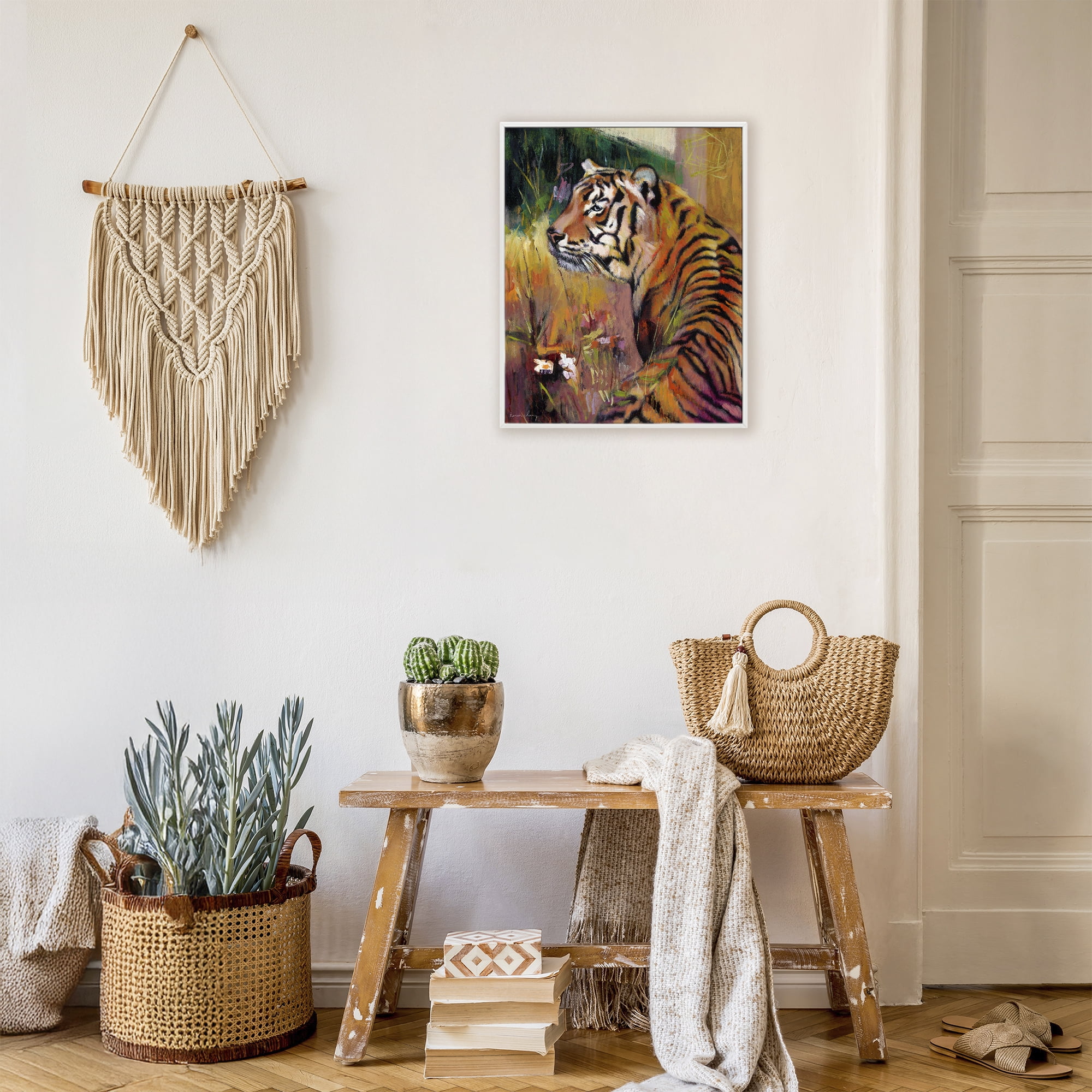 Stupell Industries Patience Tiger in Wait White Framed Giclee Art, design by Karen Chang