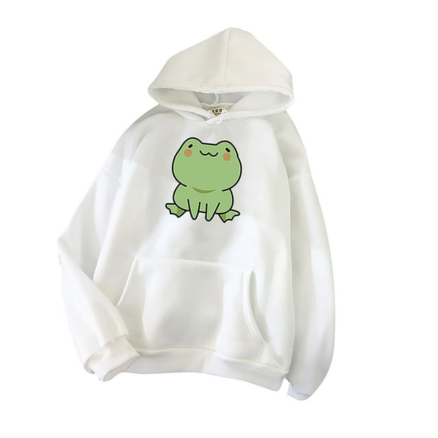 cllios Womens Cute Cartoon Frog Print Hoodies Long Sleeve Pullover Drawstring Hooded Sweatshirts