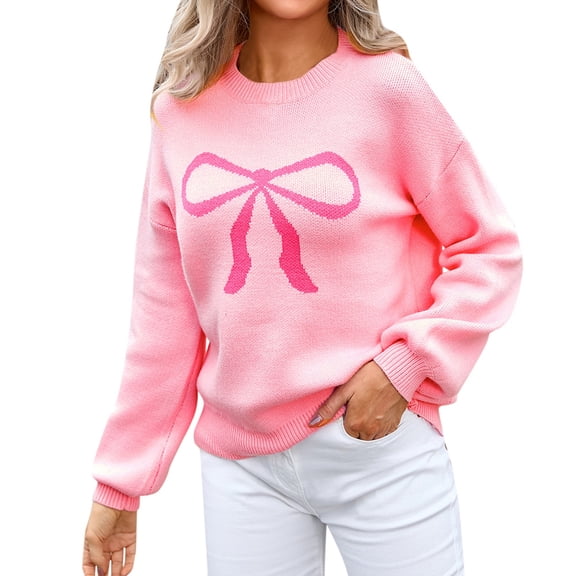 Womens Sweaters Trendy Valentine's Day Bow Jacquard Pullover Knitted Long Sleeve Round Neck Womens Tops,Pink,S