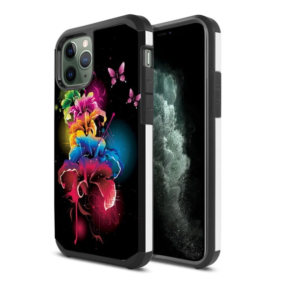 FINCIBO Hybrid Case Hard Plastic TPU Slim Back Cover for Apple iPhone 11 Pro 5.8" 2019, Multicolor Flowers With Hot Pink Butterflies